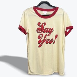 RETRO LuLaRoe T-Shirt Say Yes! Graphic Ringer Size‎ L 1970s Yellow With Red